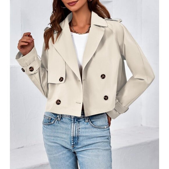 Womens Off-white Cropped Trench Coat Lapel Double Breasted Short Jacket Outwear - Picture 3 of 5